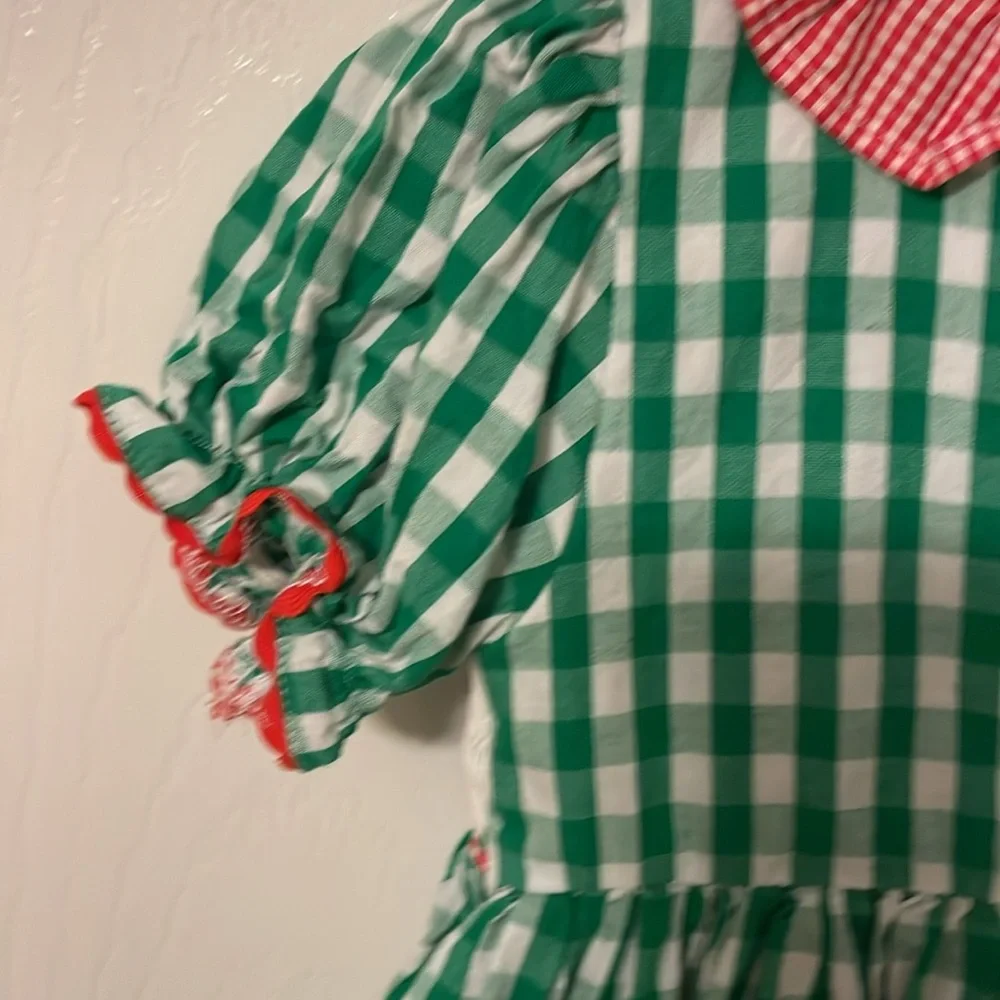 Green Gingham Apple Embroidered Short-Sleeve Dress for Girls